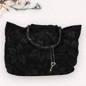 SOLD Fossil Tote Bag Bamboo Top-handle Black Canvas Floral Embroidered
